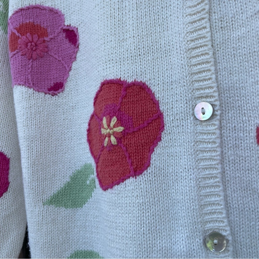Vintage Floral Knit Cardigan Cream Pink Flowers Cottagecore Women’s L - Picture 4 of 10